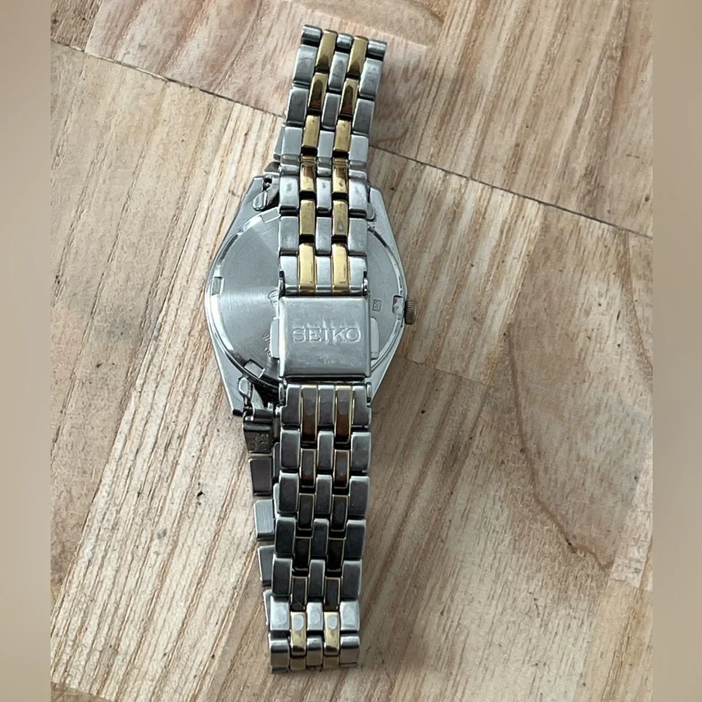Seiko Solar Ladies Watch Two-Tone Bracelet White Dial Date Window New Crystal